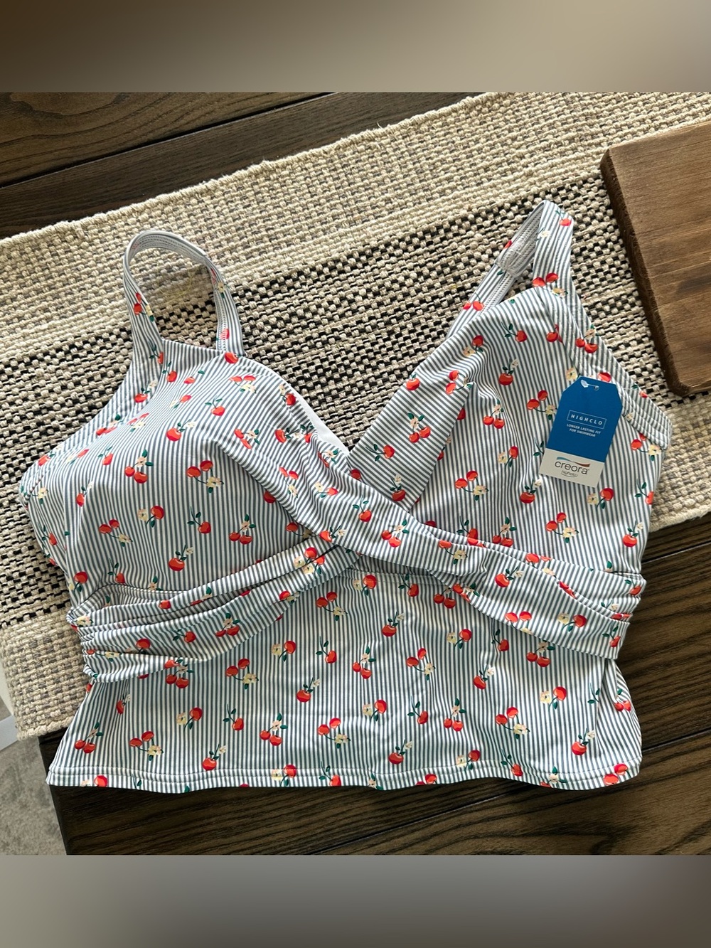 Lands' End Striped Cherry Print Midkini Swim Top in White, Blue, Red